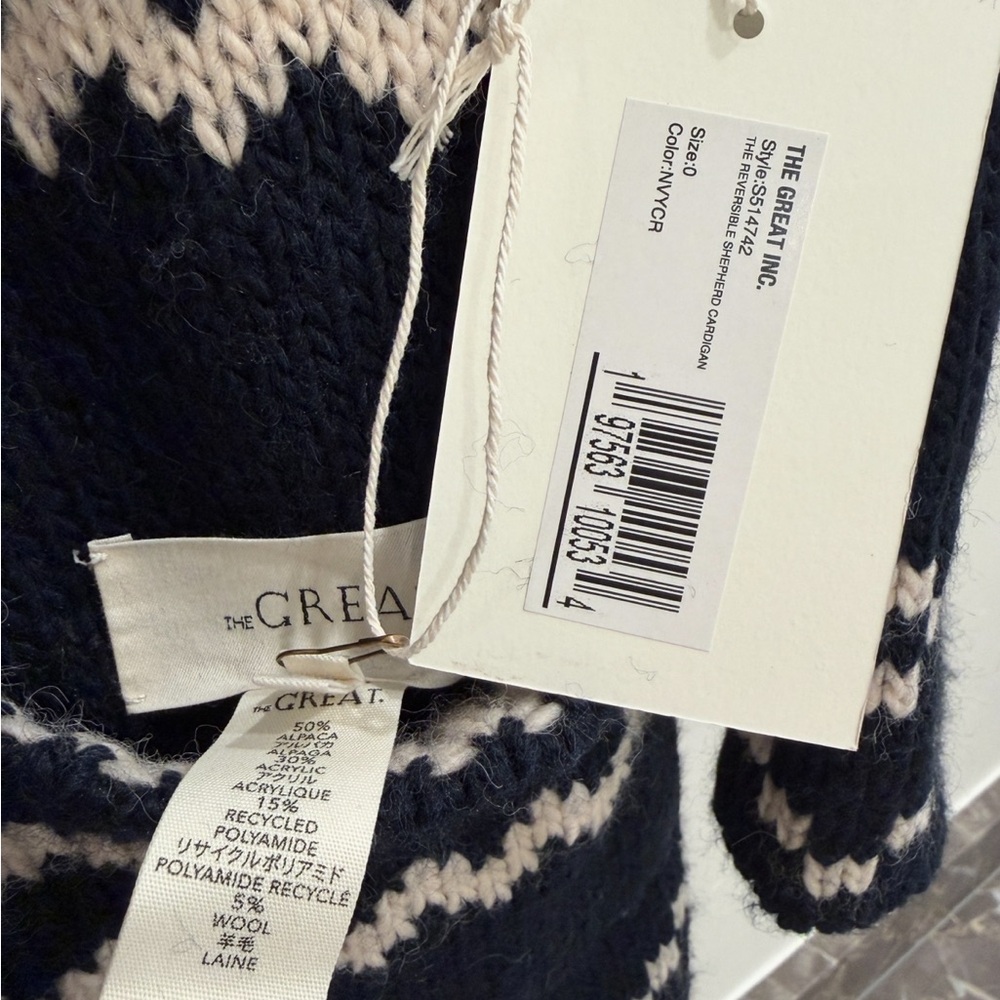 THE GREAT. Shepherd reversible cardigan Navy and Cream Knit. SOLD OUT ONLINE - Picture 9 of 13